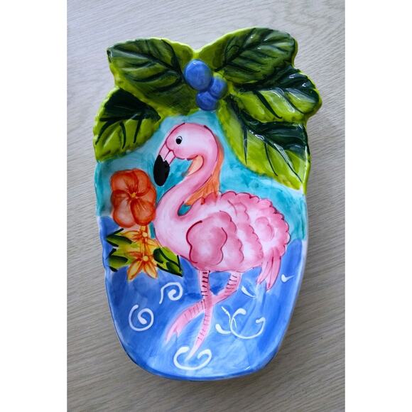 DISHES-HAUSENWARE-Trinket-Serving-Flamingo-Pink-Tropical-Embossed-SET OF 2 - Picture 3 of 15
